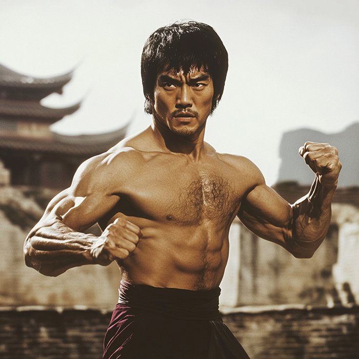 A powerful martial artist with a fierce expression prepares to engage in combat, showcasing the strength and skill characteristic of legendary Martial Arts Movies.