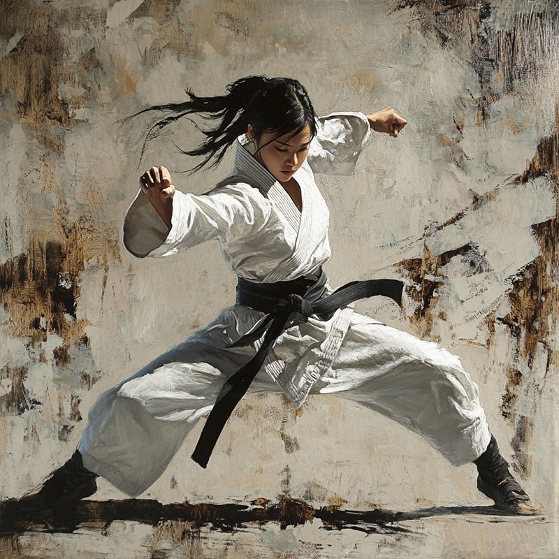 A skilled martial artist in a black belt stance performs a powerful kata, demonstrating focus and precision against a textured abstract background.