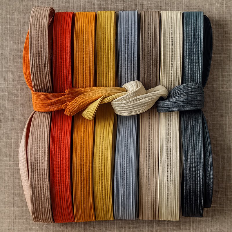 A neatly arranged collection of colorful martial arts belts, showcasing various ranks including orange, yellow, and blue, tied together on a textured background.