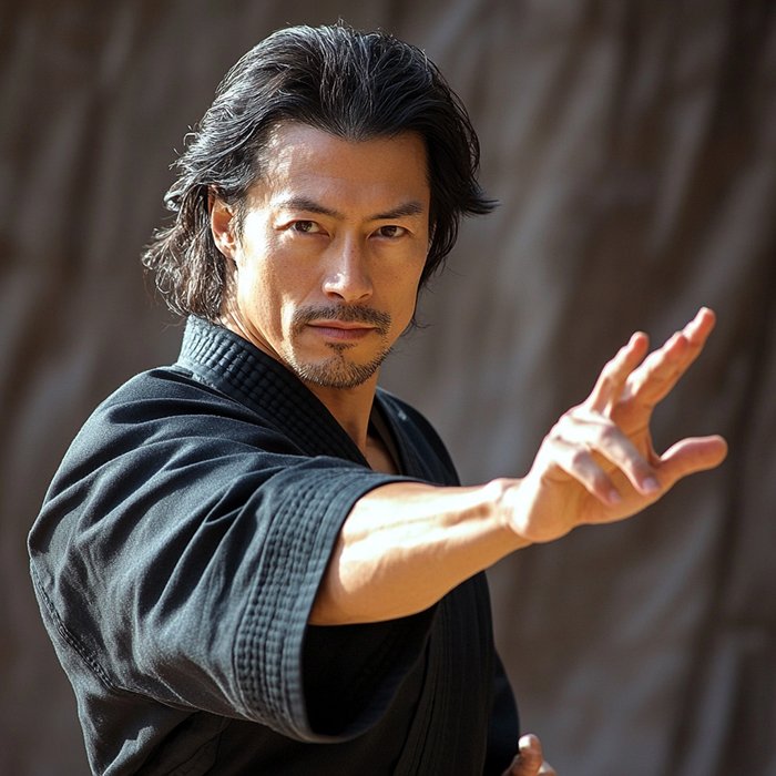 A focused martial artist in a black uniform, demonstrating a hand gesture that emphasizes precision and readiness, representing the essence of the best martial arts.