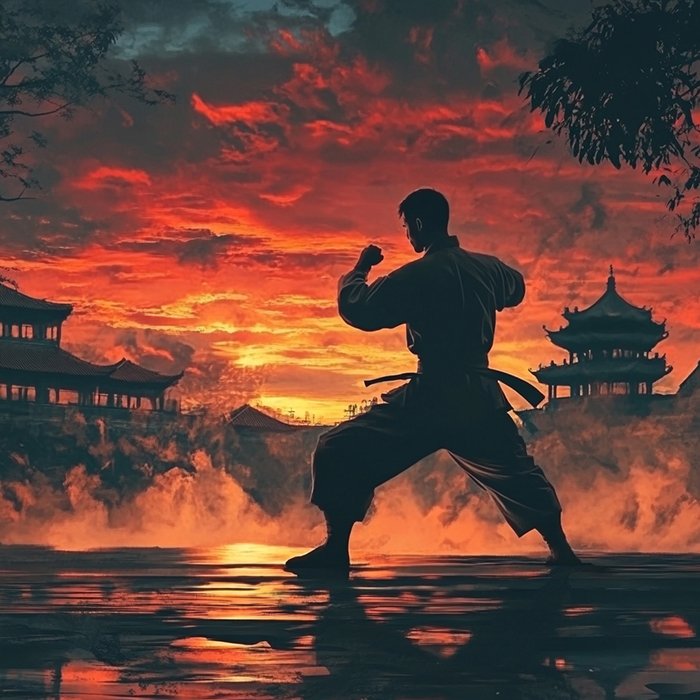 A silhouette of a martial artist poised in a fighting stance against a dramatic sunset, symbolizing the beauty and discipline of the best martial arts traditions.