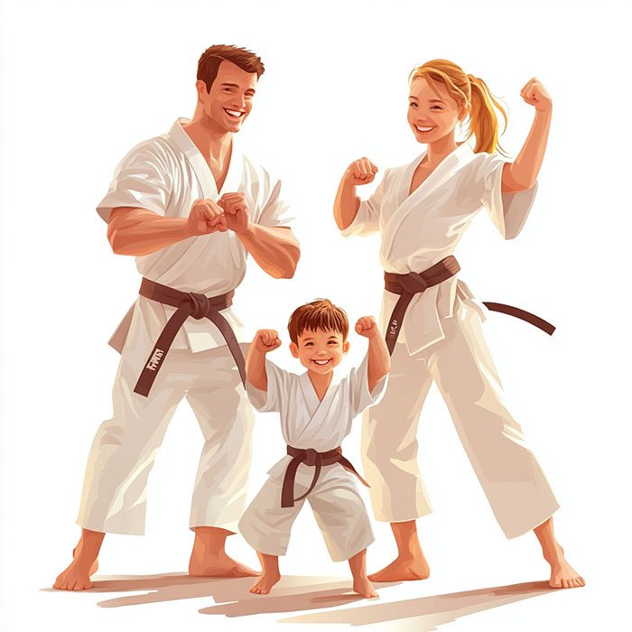 An illustrated family of three, including a young boy in a karate gi, joyfully striking martial arts poses together, representing the fun of "Martial Arts for Kids Near Me."