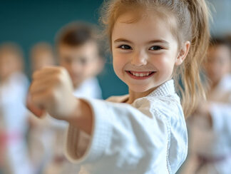 A cheerful girl in a white karate gi confidently poses with her fist raised, surrounded by fellow students, embodying the spirit of 