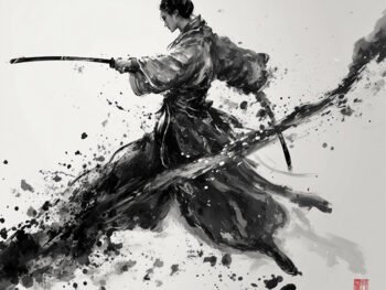 A dynamic ink painting of a Kendo practitioner in traditional attire, skillfully wielding a sword amidst splashes of black and gray, embodying the spirit of Kendo as an Olympic sport