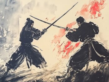 Two silhouetted figures in traditional martial arts attire engage in a dynamic sword duel, showcasing the fluid movements and techniques reminiscent of Haedong Kumdo and Kendo against a dramatic backdrop of red and black brush strokes.