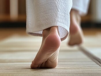 A low-angle view of two feet walking on a tatami mat, showcasing the foot's posture and alignment crucial for avoiding 