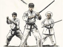 Three martial artists of varying ages, wearing traditional uniforms and black martial arts belts, practice with sticks in a dynamic pose.