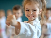 A cheerful girl in a white karate gi confidently poses with her fist raised, surrounded by fellow students, embodying the spirit of 