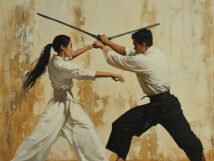  A dynamic scene depicting a man and woman engaged in a sword duel, showcasing their skills in one of the best martial arts styles against a textured backdrop.